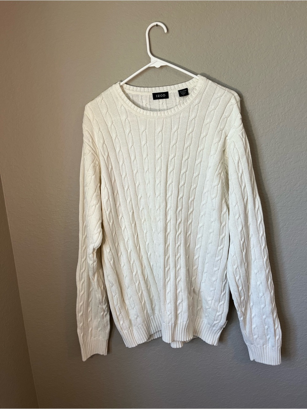 IZOD Men’s Large Ivory Cable Knit Crewneck Sweater Old Money Preppy Coastal